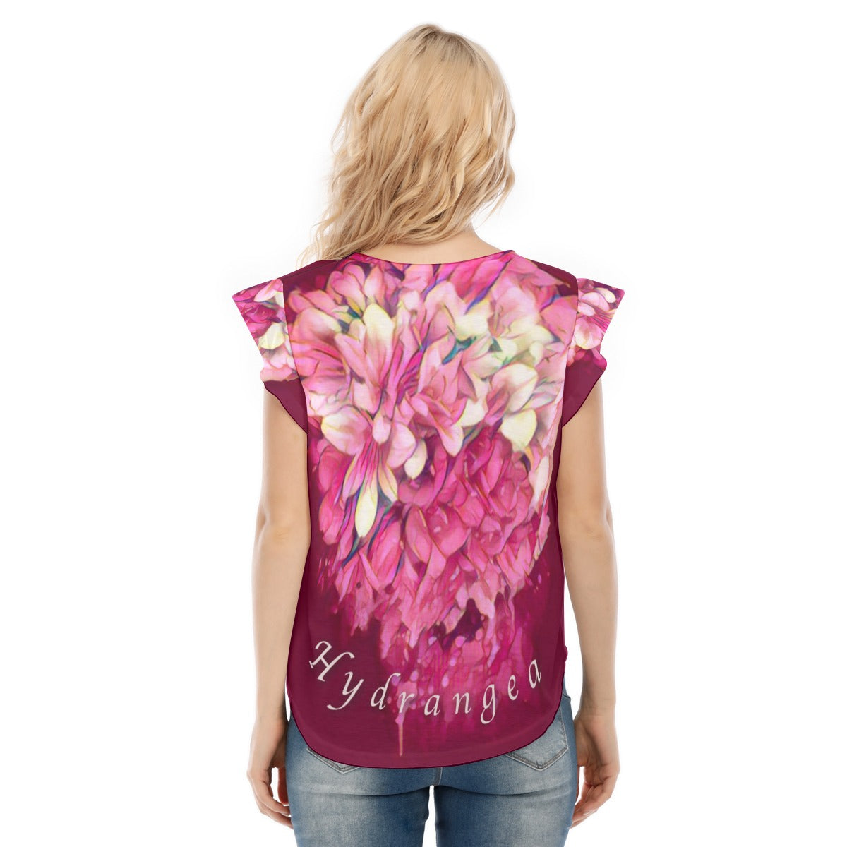 “Hydrangea” Women's O-neck T-shirt With Ruffle Sleeves
