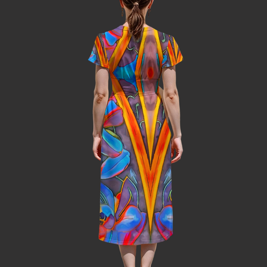 “Electric Bloom” Women's V-Neck Flutter Sleeve Midi Dress