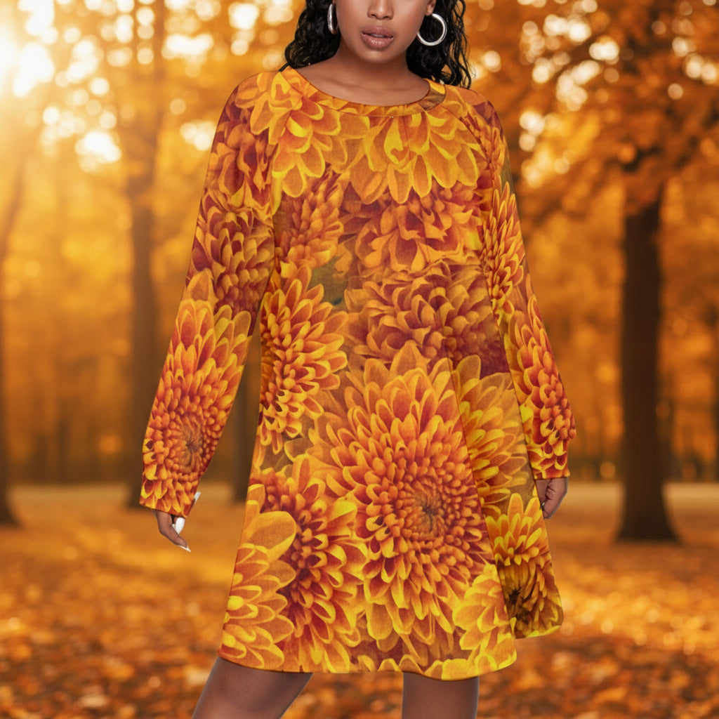 “Orange Chrysanthemum” Women's Dress With Raglan Sleeve(Plus Size)