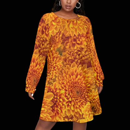 “Orange Chrysanthemum” Women's Dress With Raglan Sleeve(Plus Size)