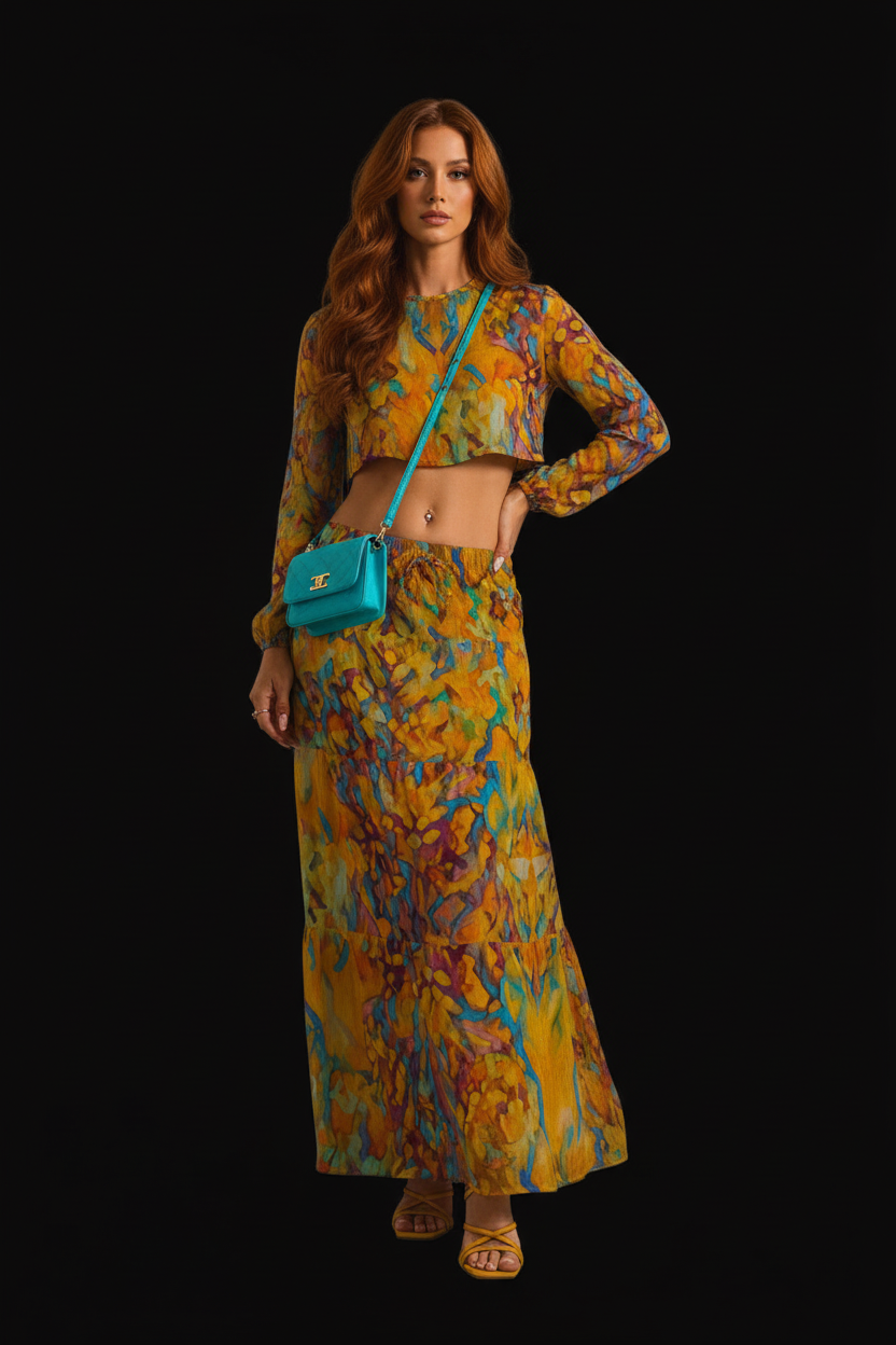 “Gilded Pathways” Women's Pleated Long Skirt
