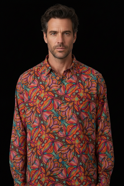 “Bloomfield Scarlet” Men's Casual Lapel Long Sleeve Shirt|125GSM Cotton