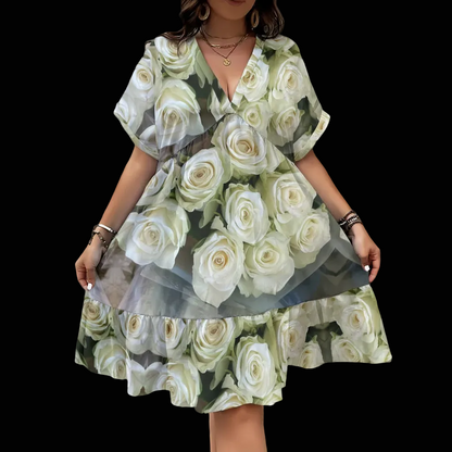 “White Rose” Women’s Floral V-Neck Short Sleeve Dress