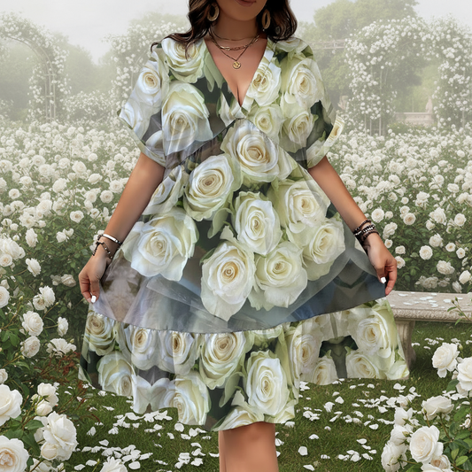 “White Rose” Women’s Floral V-Neck Short Sleeve Dress