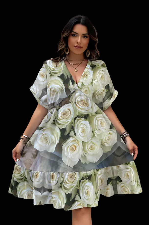“White Rose” Women’s Floral V-Neck Short Sleeve Dress