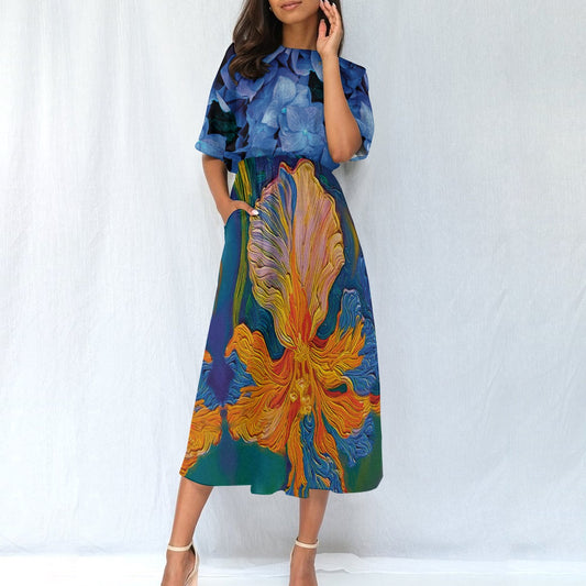 ‘Iris with Hydrangea” Women's Knee-Length Dress