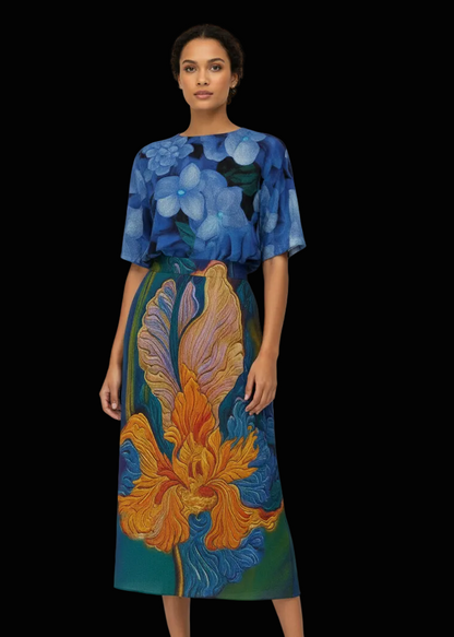 “Iris with Hydrangea” Women's Knee-Length Dress