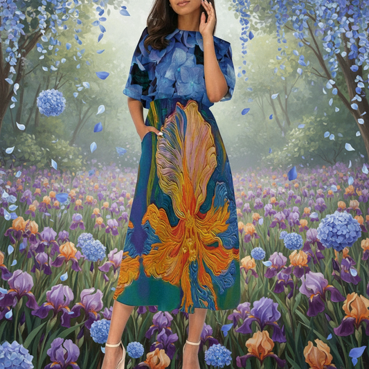“Iris with Hydrangea” Women's Knee-Length Dress