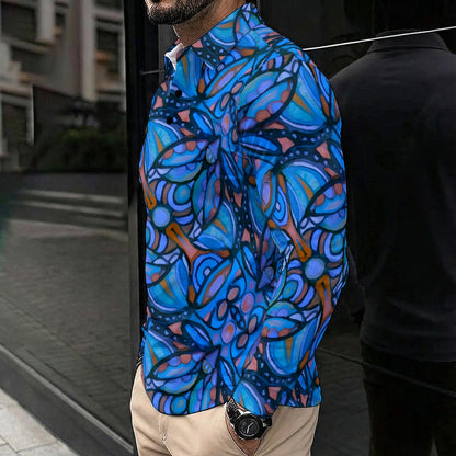 “Cobalt Labyrinth” Men's Polo Shirt With Long Sleeve