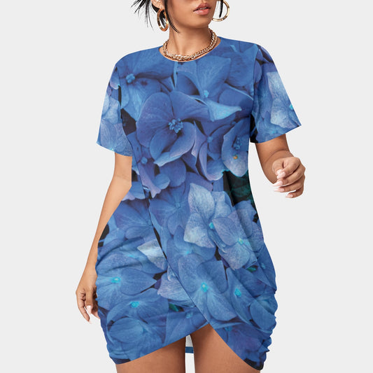 “Blue Hydrangea”Women’s Stacked Hem Dress With Short Sleeve（Plus Size）