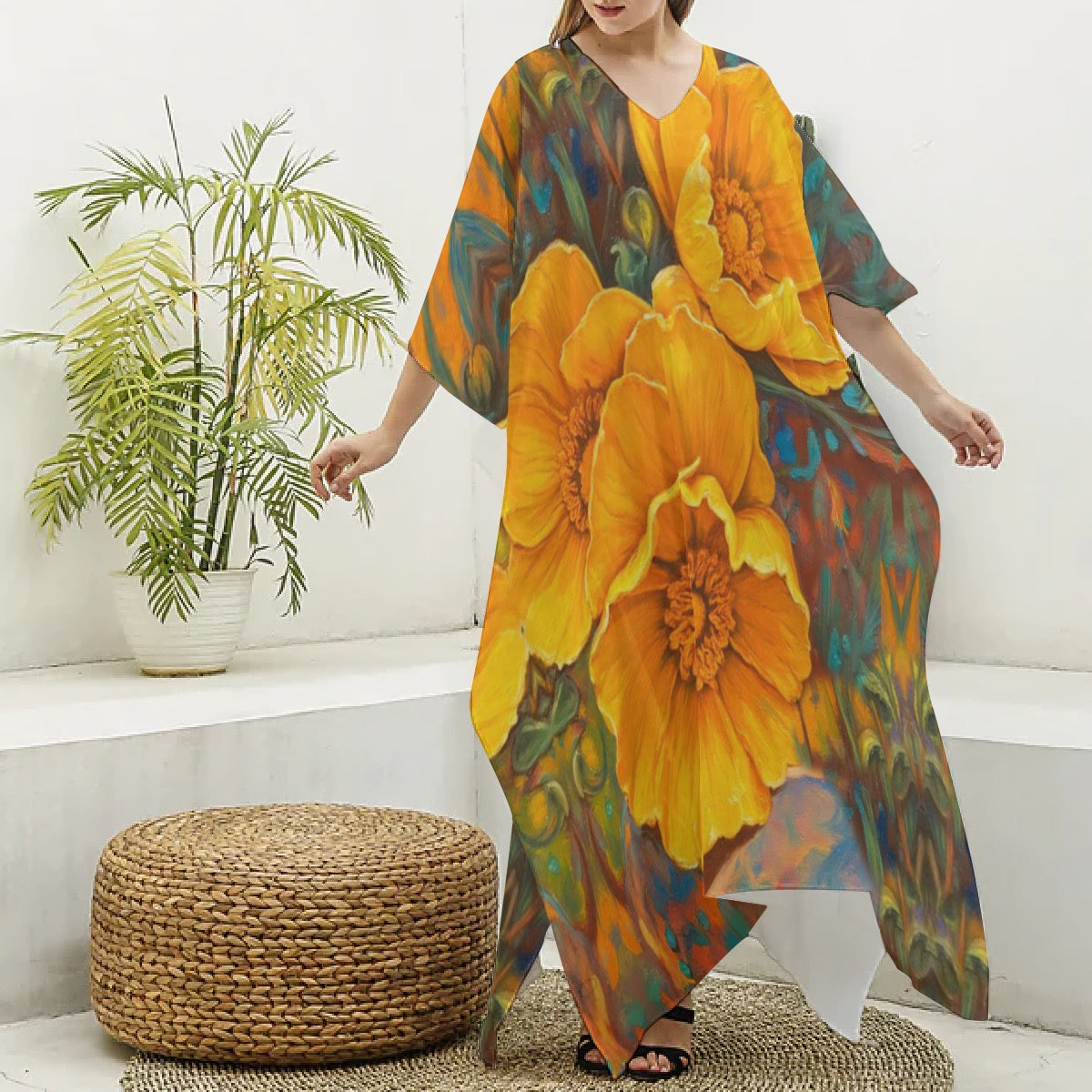 “Golden Cascade” Women's Imitation Silk V-neck Kaftan Robe