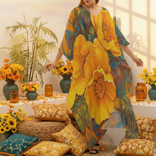 “Golden Cascade” Women's Imitation Silk V-neck Kaftan Robe