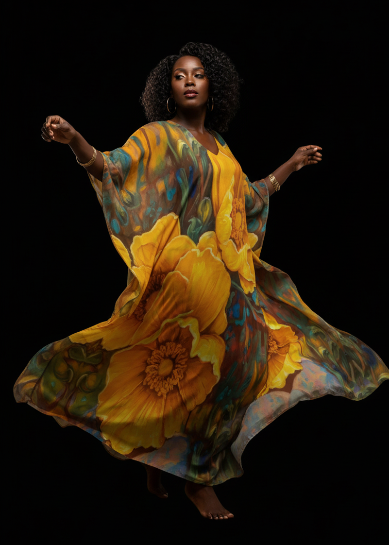 “Golden Cascade” Women's Imitation Silk V-neck Kaftan Robe