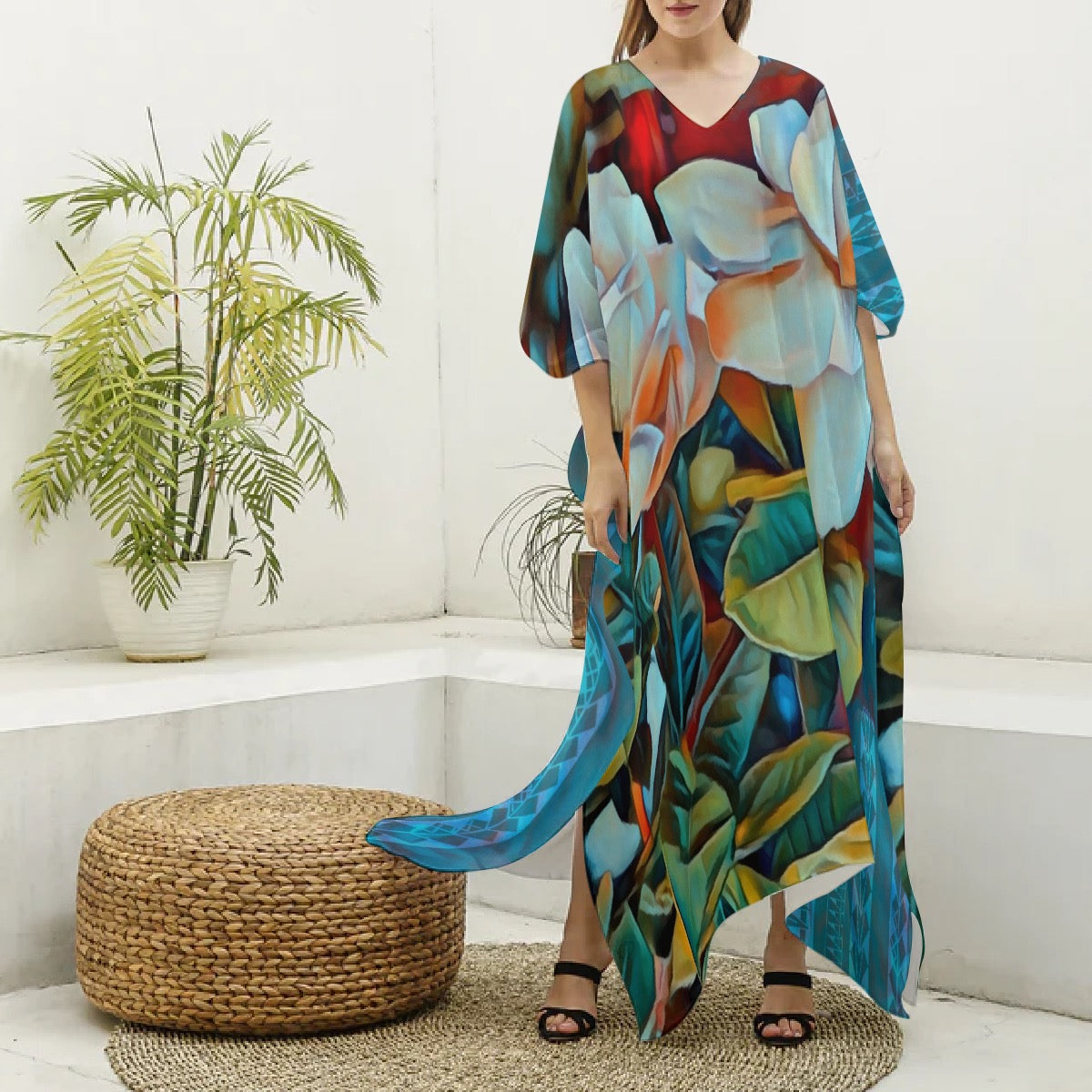 “Gardenia” Women's Imitation Silk V-neck Kaftan Robe