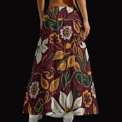 “Burgundy Botanical” Women's Pleated Long Skirt