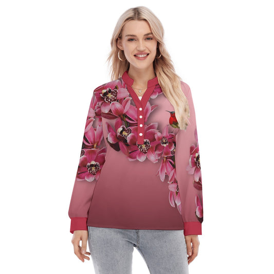 “Cymbidium Orchids with Crimson Sunbirds”  Women's Long Sleeve Blouse With Button Closure