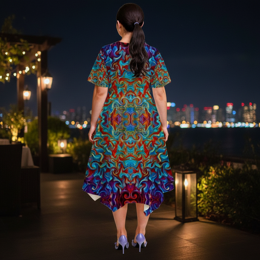 “Aurora Flare” Women's Short Sleeve Belted Midi Dress