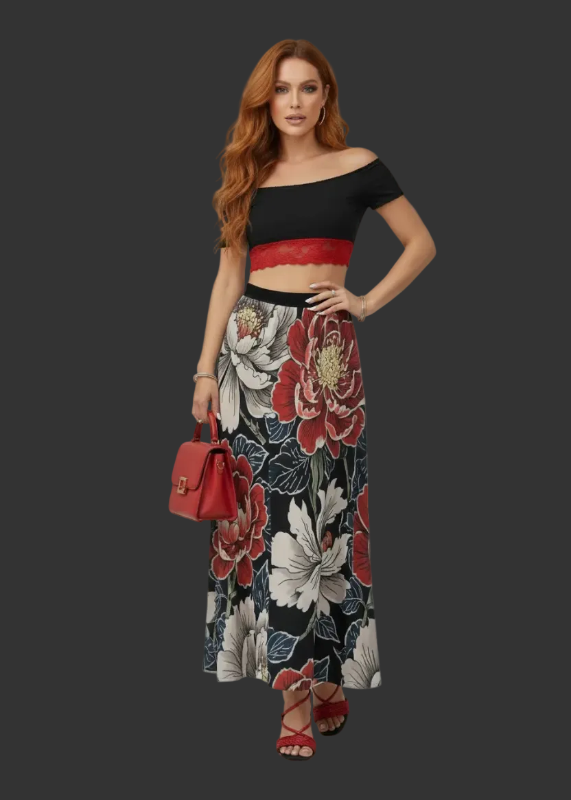 “Peony Dreams’ Women's Maxi Chiffon Skirts With Lining