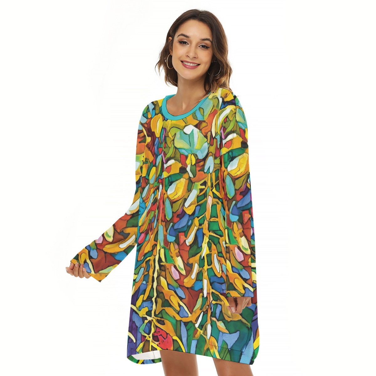 “Rainbow Wisteria” Women's Loose Crew Neck Dress