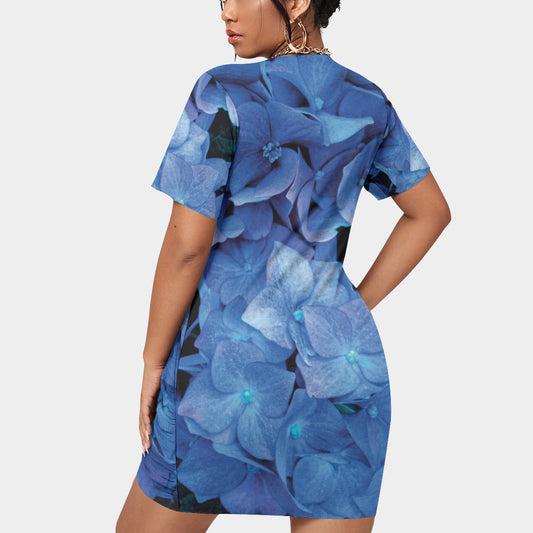 “Blue Hydrangea”Women’s Stacked Hem Dress With Short Sleeve（Plus Size）