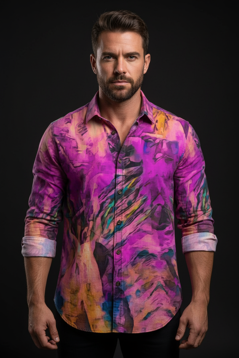 “Fuchsian Vortex” Men's Casual Lapel Long Sleeve Shirt|125GSM Cotton