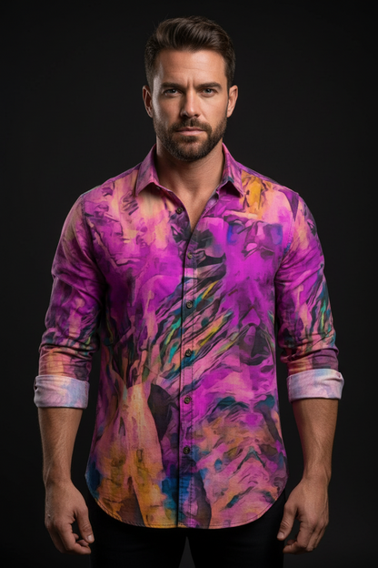 “Fuchsian Vortex” Men's Casual Lapel Long Sleeve Shirt|125GSM Cotton