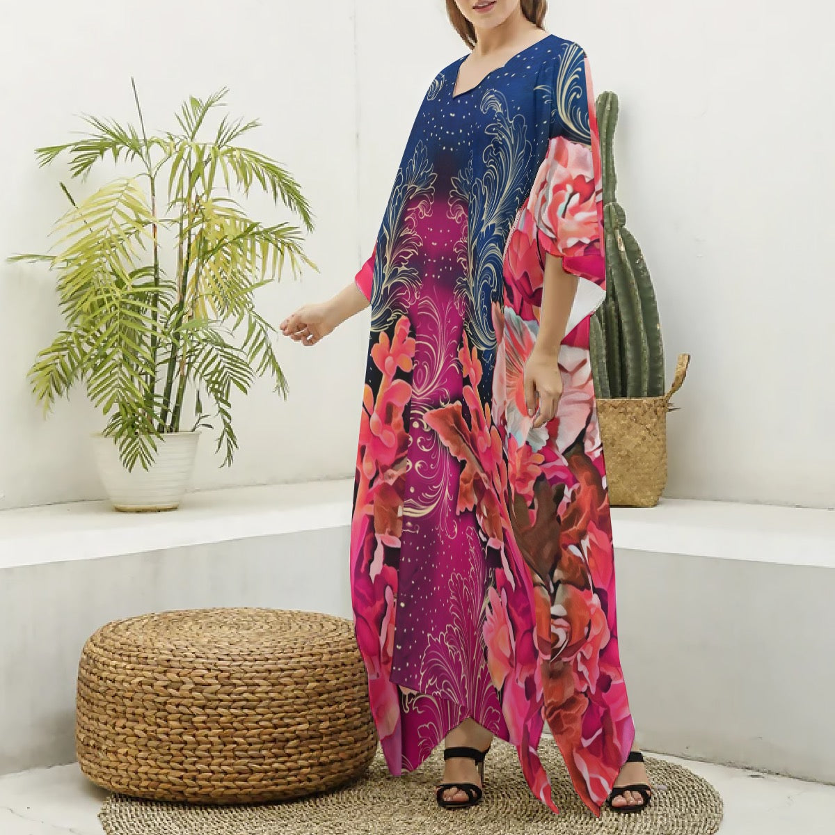 “Celestial Bloom” Women's Imitation Silk V-neck Kaftan Robe