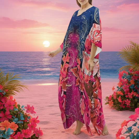 “Celestial Bloom” Women's Imitation Silk V-neck Kaftan Robe