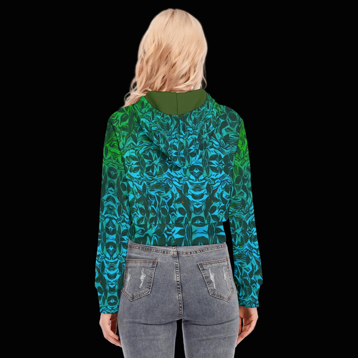 “Tribal Oceanic” Women's Crop Top Hoodie With Zipper Closure
