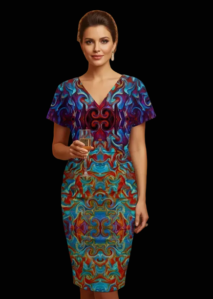“Aurora Flare” Women's V-neck pleated dress