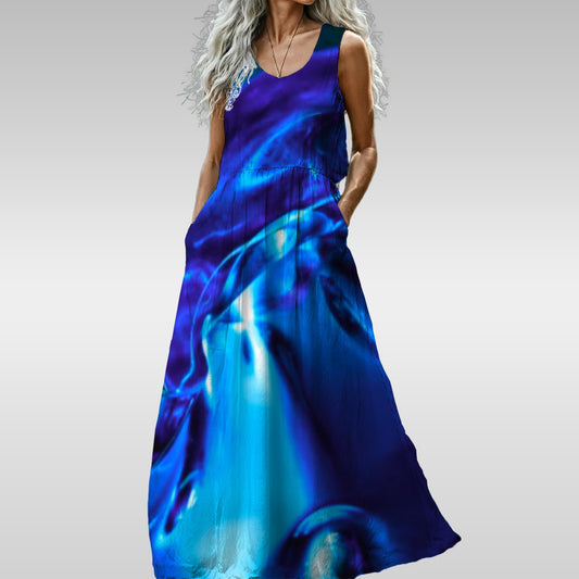 “Glass Wave” Blue: Women’s Sleeveless Maxi Dress