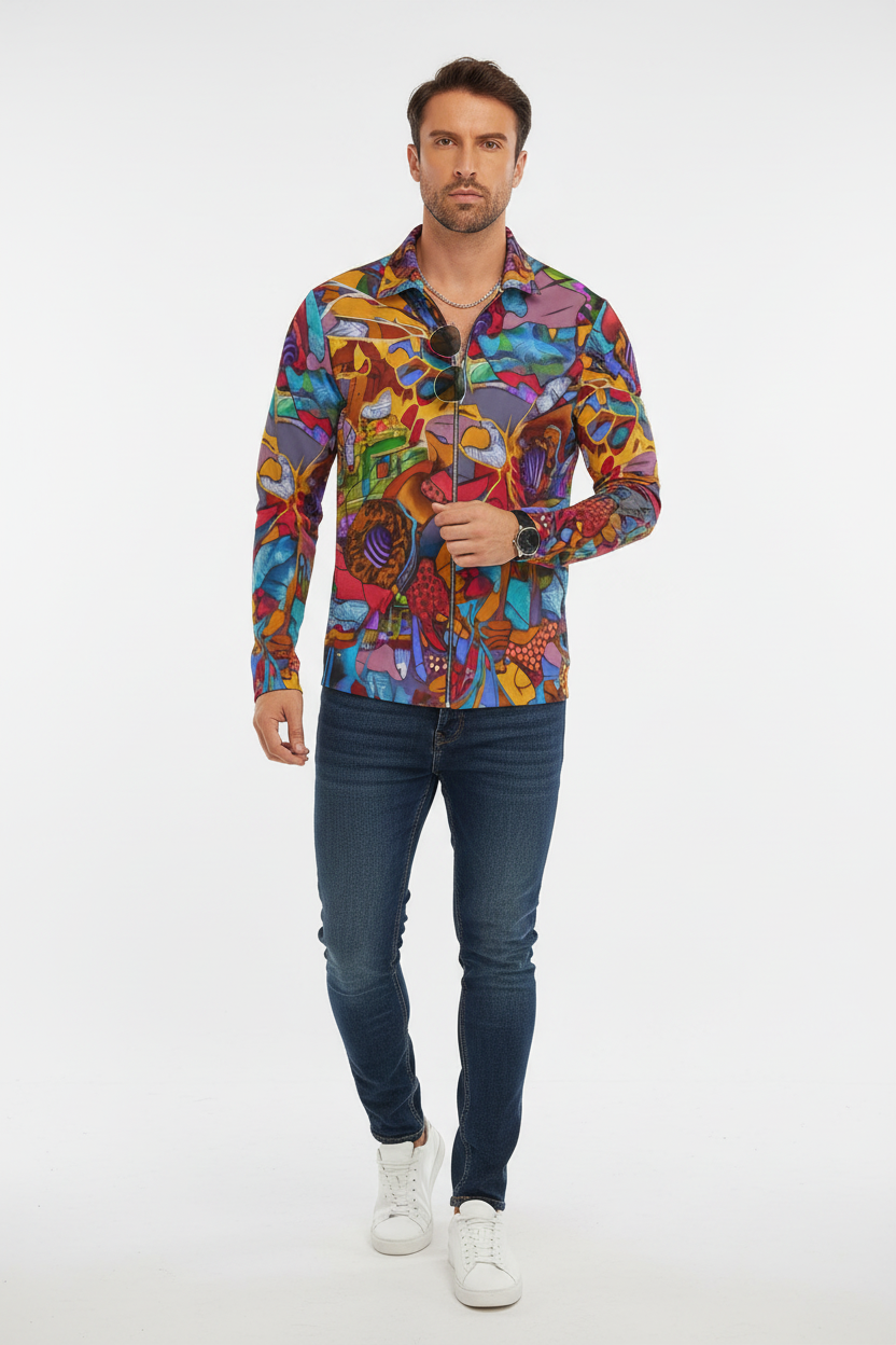 “Fractured Dreamscape”  Men's Lapel T-shirt With Neckline Zipper Closure
