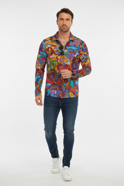 “Fractured Dreamscape”  Men's Lapel T-shirt With Neckline Zipper Closure