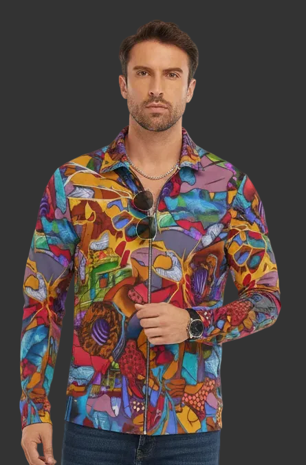 “Fractured Dreamscape”  Men's Lapel T-shirt With Neckline Zipper Closure