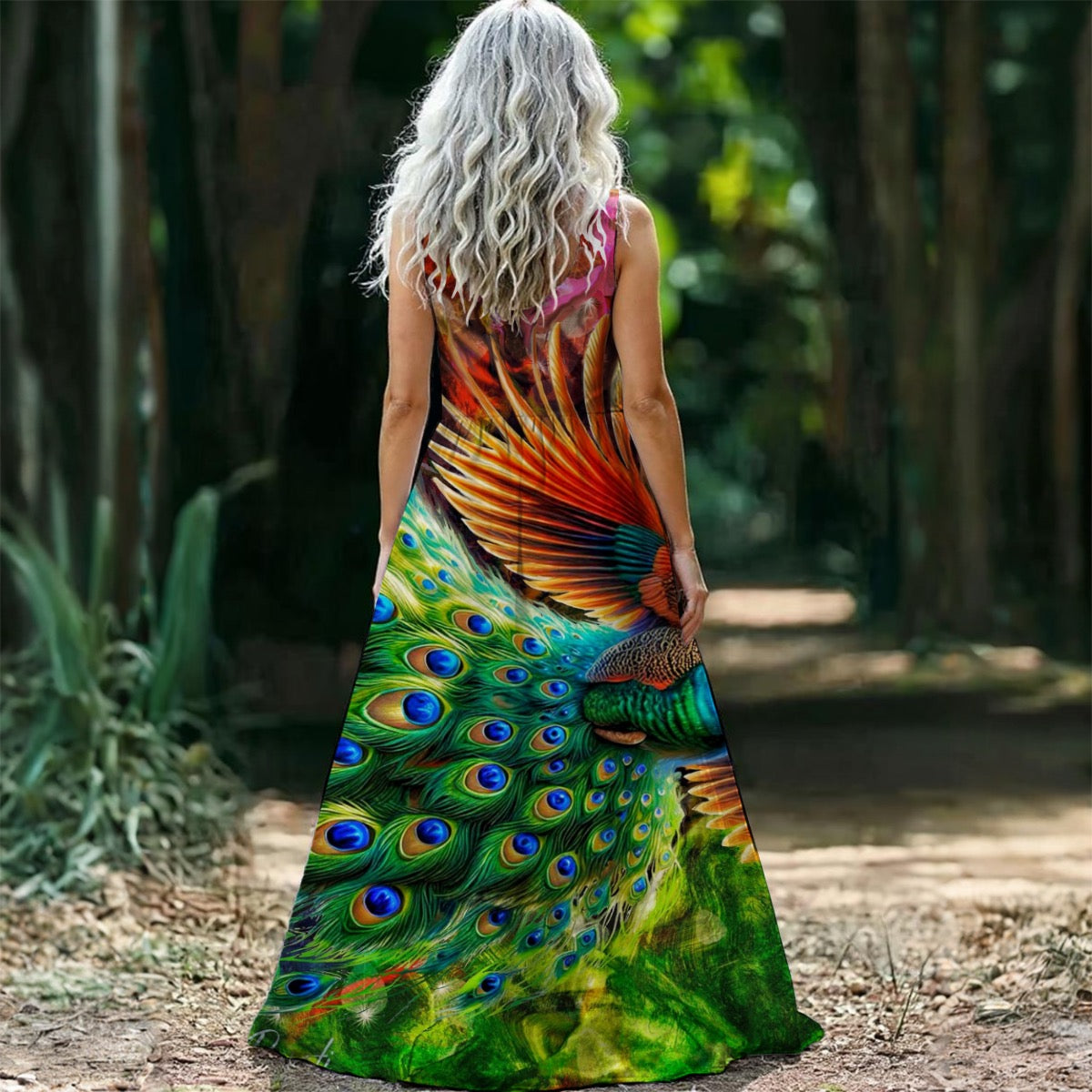 “Peacock Flight” Women’s Sleeveless Maxi Dress