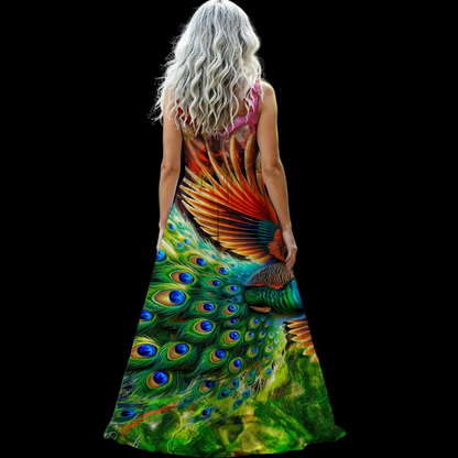 “Peacock Flight” Women’s Sleeveless Maxi Dress