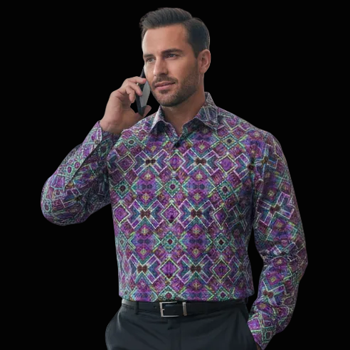 “Plaid Purple” Men's Casual Lapel Long Sleeve Shirt|125GSM Cotton