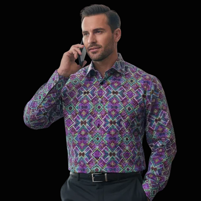 “Plaid Purple” Men's Casual Lapel Long Sleeve Shirt|125GSM Cotton