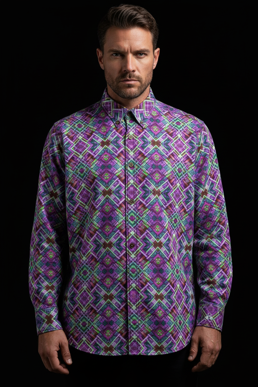 “Plaid Purple” Men's Casual Lapel Long Sleeve Shirt|125GSM Cotton