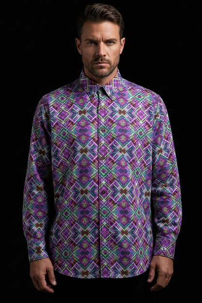 “Plaid Purple” Men's Casual Lapel Long Sleeve Shirt|125GSM Cotton