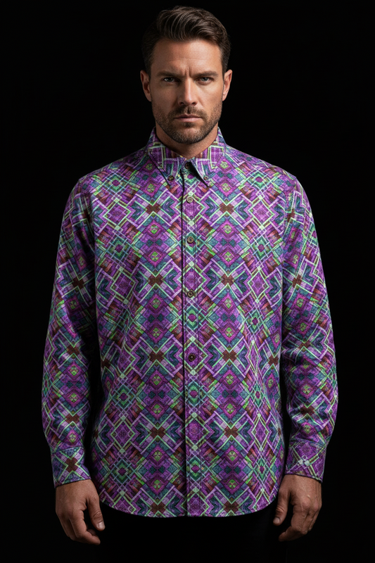 “Plaid Purple” Men's Casual Lapel Long Sleeve Shirt|125GSM Cotton
