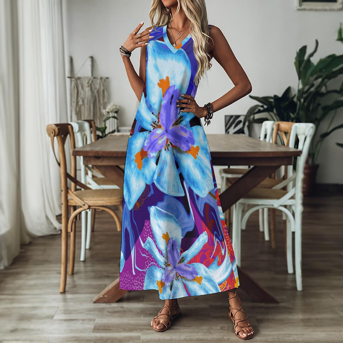 “The Blue Dietes” V-Neck Long Dress