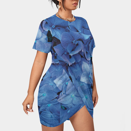 “Blue Hydrangea”Women’s Stacked Hem Dress With Short Sleeve（Plus Size）