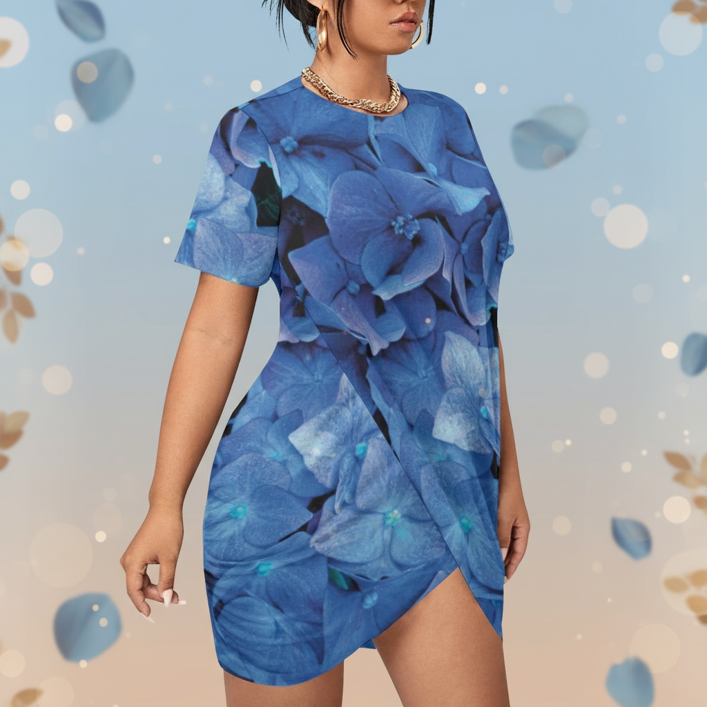 “Blue Hydrangea”Women’s Stacked Hem Dress With Short Sleeve（Plus Size）