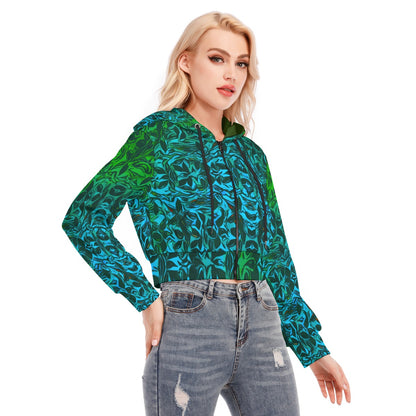 “Tribal Oceanic” Women's Crop Top Hoodie With Zipper Closure