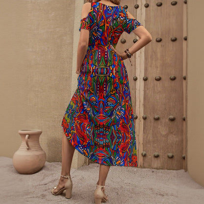 “Crimson Bloom” Women's V-neck Off-shoulder Dress