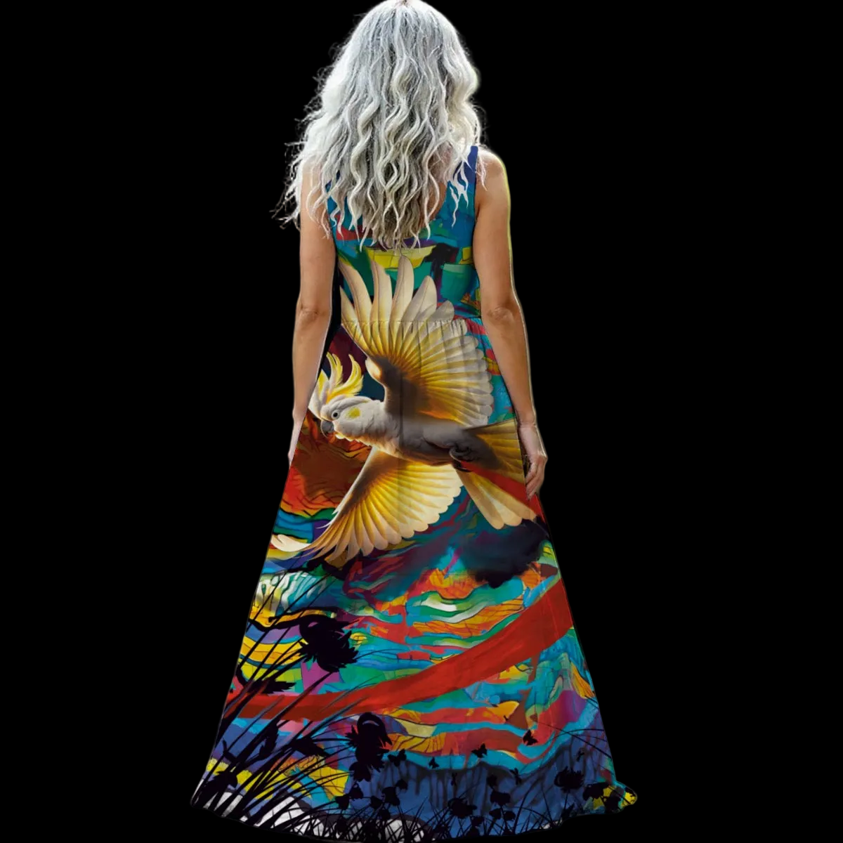 “Sulphur Crested Soaring” Women’s Sleeveless Maxi Dress