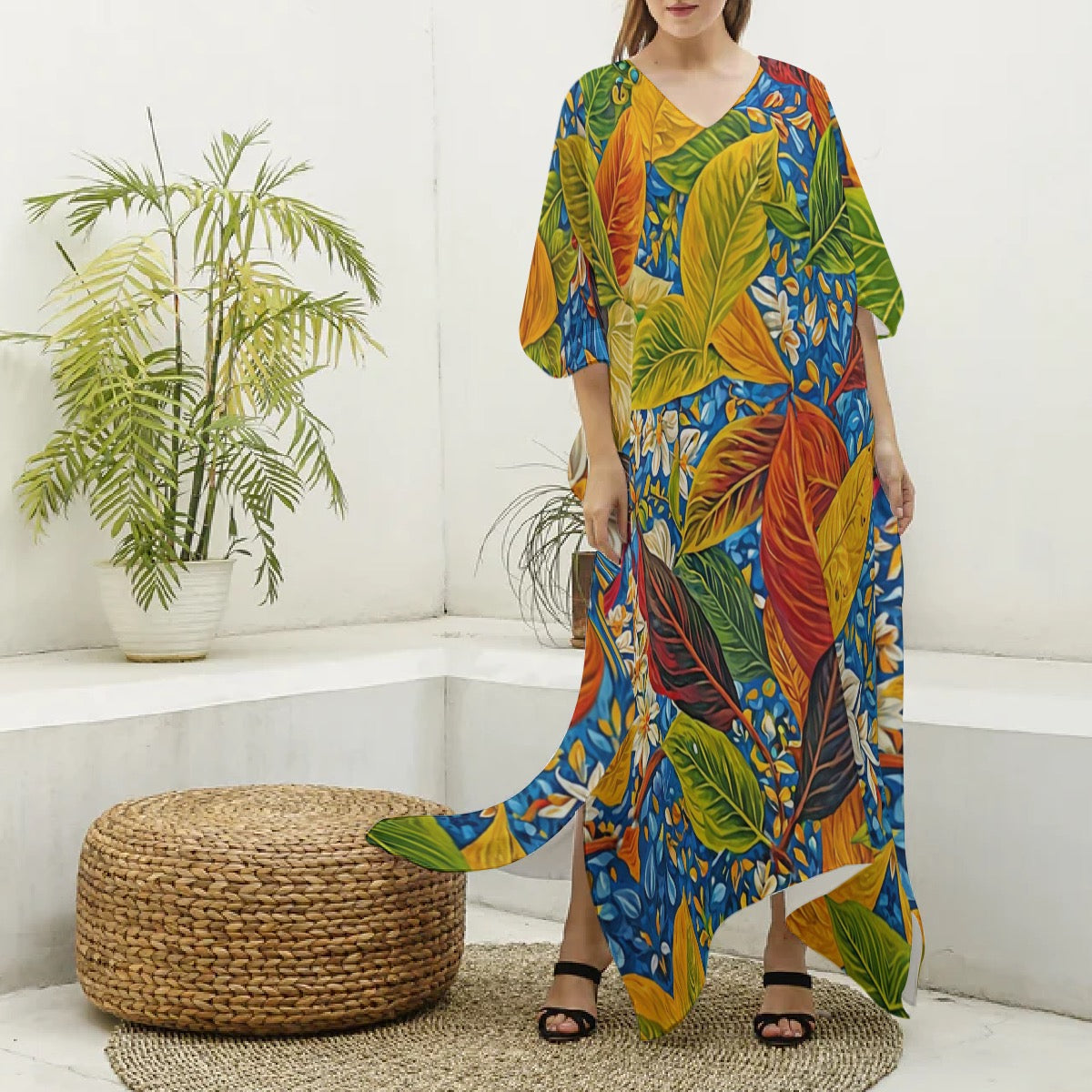 “Botanical Rhapsody” Women's Imitation Silk V-neck Kaftan Robe