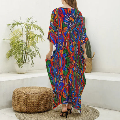 “Crimson Bloom” Women's Imitation Silk V-neck Kaftan Robe