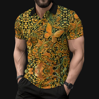 “Gilded Maze” Men's Short Sleeve Button Polo Shirt
